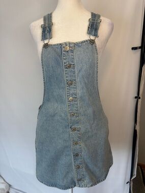 Forever 21 size SM denim overall mini dress w detailed buttons and cross back
